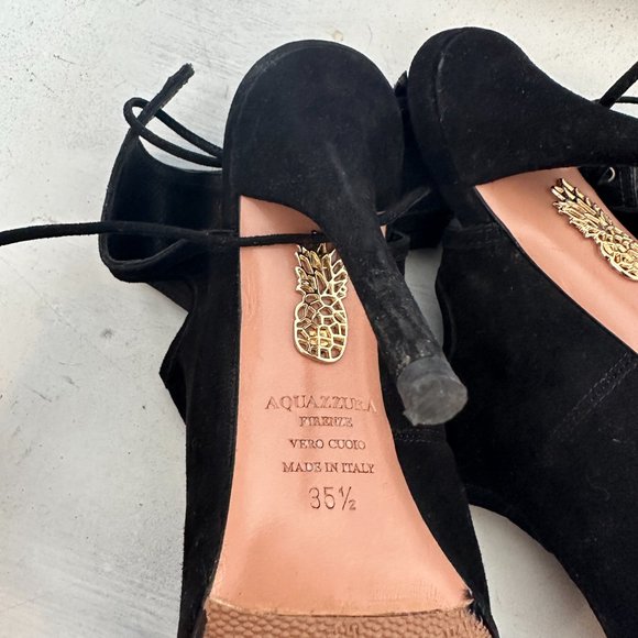 Aquazzura Sexy Thing 105 Cutout Peep Toe Sandals Sz 36 Black Suede Back Ties - Picture 13 of 13